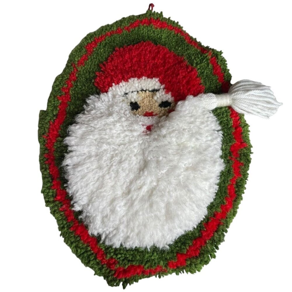 Vintage Christmas SANTA CLAUS Latch Hook Rug Wall Hanging Holiday Decor 26"